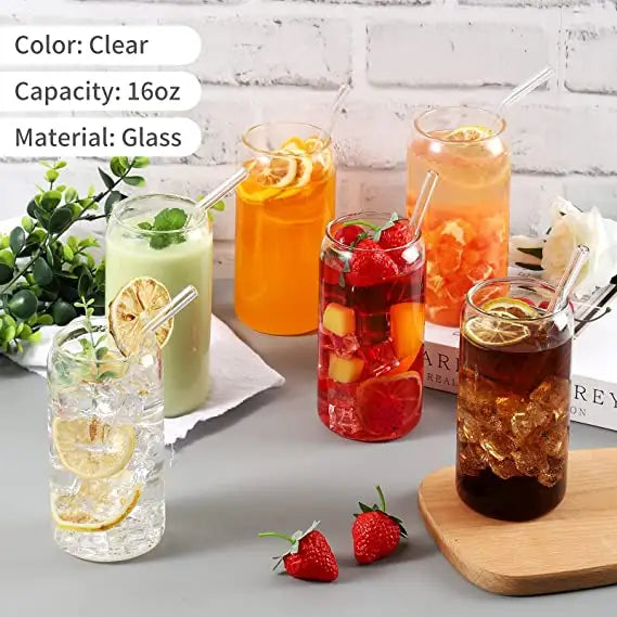 6 Pcs Set Glass Cups With Glass Straws