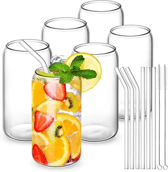 6 Pcs Set Glass Cups With Glass Straws